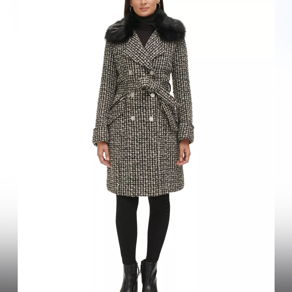 Double Breasted Faux-Fur Collared Tweed Coat by Guess